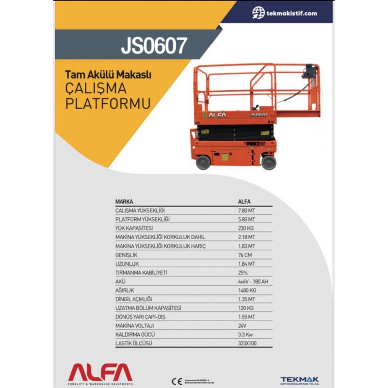 ALFA JS607 Elektirkli Makaslı Plotformlar